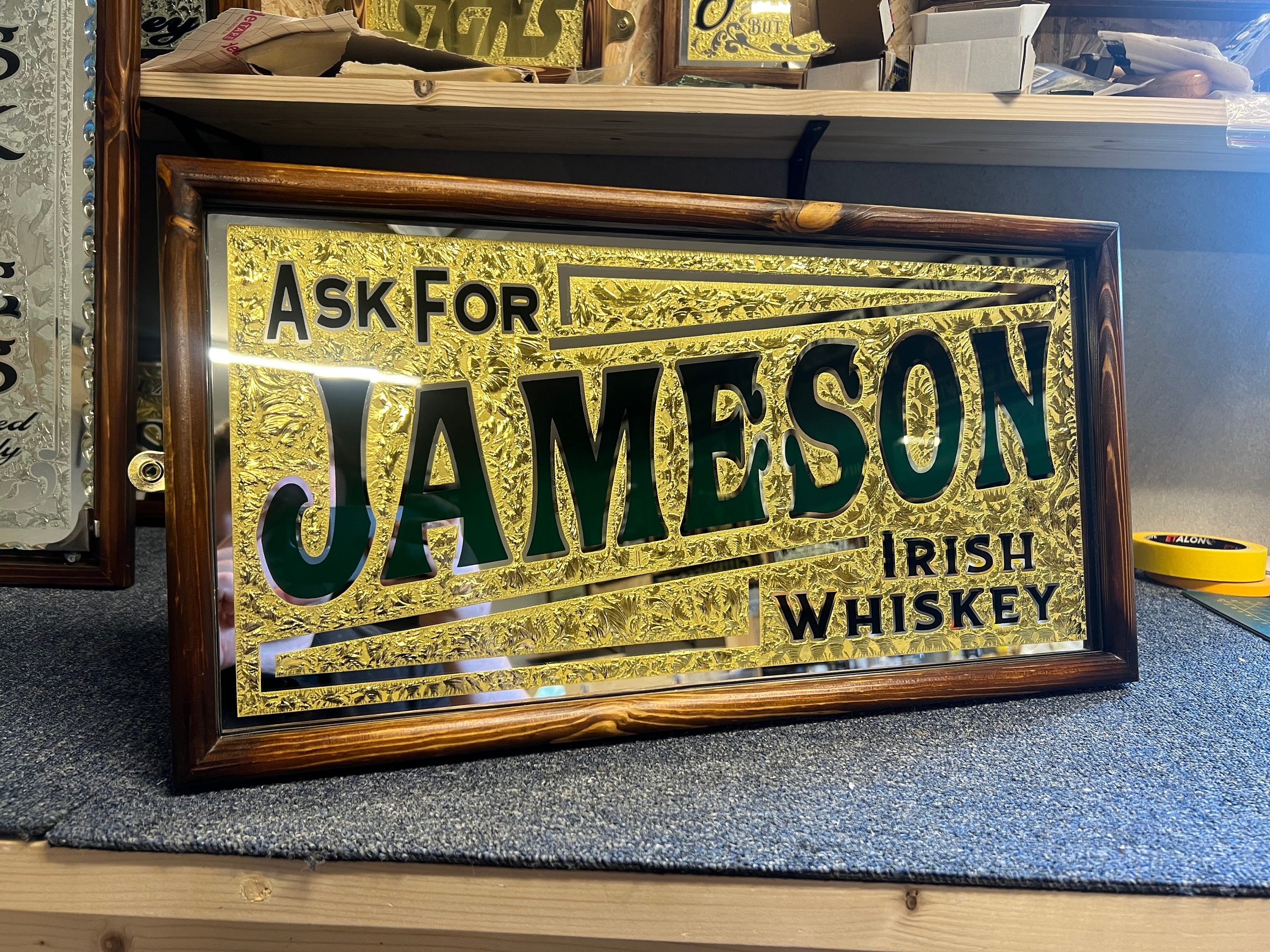 Vintage JAMESON パブミラー 鏡 ウイスキー RARE Vintage Glass and Wooden Bar Mirror Jameson Irish