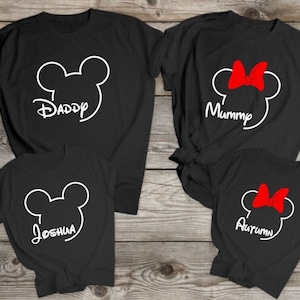 Matching Family Disney T shirts Black personalised names Mickey Minnie Holiday family trip vacation Male and woman's sizes Theme Park Group