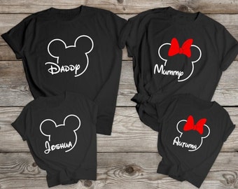 Matching Family Disney T shirts Black personalised names Mickey Minnie Holiday family trip vacation Male and woman's sizes Theme Park Group