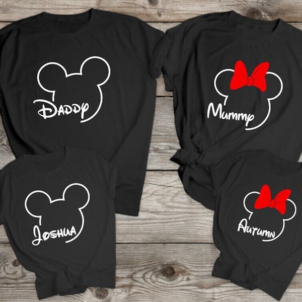 Matching Family Disney inspired T shirts Black personalised names Mickey Minnie Holiday family trip vacation Male woman's sizes Theme Park