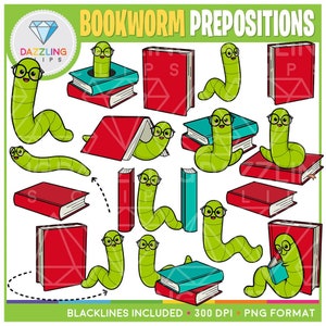 Bookworm and Book Prepositions / Positional Word Clipart - Prepositions Clipart - Instant Download - Worm Prepositions