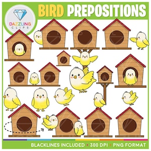 Preposiciones de pájaros / Imágenes prediseñadas de palabras posicionales - Imágenes prediseñadas de preposiciones - Descarga instantánea - Preposiciones de pájaros - Imágenes prediseñadas de pájaro zorro - Pájaro Kawaii