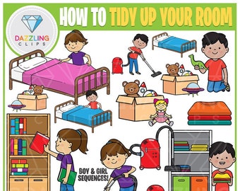 How to Tidy Up Your Bedroom Sequence Clipart - Clipart - Instant Download - Educational Clipart - Sequences -How to Tidy Up - Back to School
