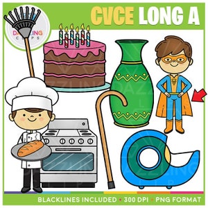 May include: A set of colorful clip art images featuring a birthday cake with candles, a green vase, a chef holding a loaf of bread, a stove, a cane, a roll of tape, and a superhero. The text "CVCE LONG A" is at the top of the image.