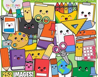 May include: A colorful illustration of school supplies with smiling faces, including pencils, notebooks, scissors, and a globe. The text "SCHOOL SUPPLY CUTIES" and "252 IMAGES!" are displayed. The image is in PNG format.