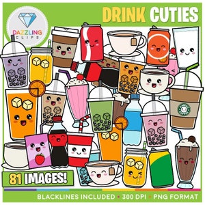 Drink Cuties Clipart - Kawaii Clipart - Instant Download - Getränke - Pädagogische Clipart - Soda - Limonade - Milch - Bubble Tee - Tee