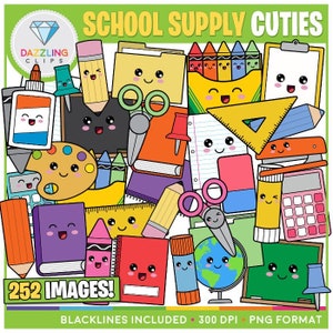 School Supply Cuties Clipart - Kawaii Clipart - Instant Download - Educational Clipart - Back to School - Crayons - Glue - Pencil - Eraser