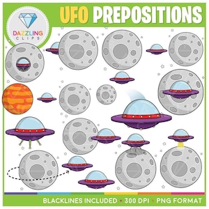 May include: A collection of cartoon illustrations featuring UFOs, planets, and moons. The UFOs are purple with clear domes and red accents. The moons are gray with craters, and the planets are orange and yellow. Text reads "UFO PREPOSITIONS".