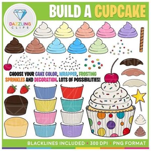 May include: A colorful illustration with cupcake elements. Includes various frosting colors, cupcake wrappers, sprinkles, and decorations. Text reads "Build a Cupcake" and "Choose your cake color, wrapper, frosting, sprinkles and decoration. Lots of possibilities!"