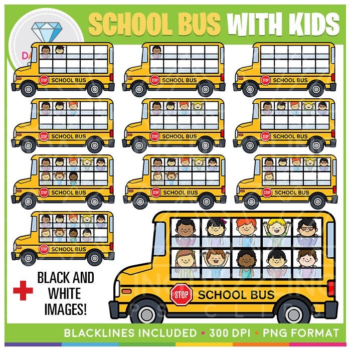 School Bus with Kids Ten Frames Clip Art - Cute Clipart - Instant Download - Back to School - DIY - School Bus Clipart - Yellow Bus