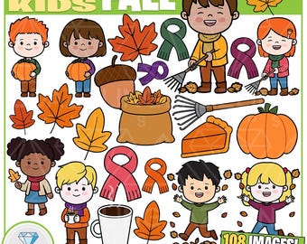 Puede incluir: Una colorida ilustración digital con las palabras "NEW STYLE KIDS FALL". La imagen presenta niños de dibujos animados, calabazas, hojas de otoño, bufandas, un rastrillo, una porción de pastel y una taza de café. También incluye el texto "108 IMAGES!"