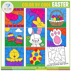 Color By Code: Easter Clip Art - Coloring Clipart - Instant Download - Educational Clipart - Learn to Color - Easter - Easter Bunny