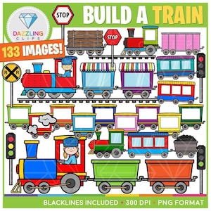 Conjunto de imágenes prediseñadas "Construye un tren": 133 ilustraciones (descarga digital)