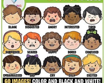 Peut inclure: Graphique numérique avec 15 visages de dessins animés, chacun exprimant une émotion différente, comme la joie, la tristesse et la colère. Le texte "EMOTION FACES" est en haut, avec les mots "60 IMAGES! COLOR AND BLACK AND WHITE!" en bas.