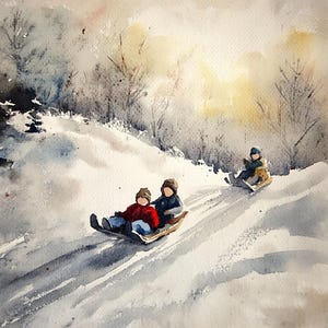 Christmas Painting Children Sledding Art Winter Forest Landscape Print Snowy Trees Watercolor Christmas Tree Artwork