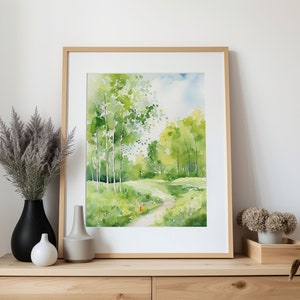 Birch Forest Watercolor Northwoods Art Print Green Forest Painting Path ...