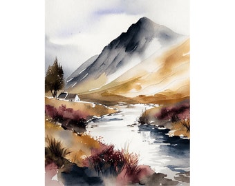 Scotland Painting Glen Coe Watercolor Art Print Scottish Highlands Landscape Large Wall Art