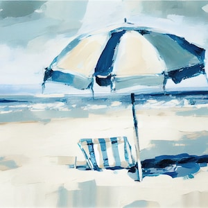 Cape May Beach Scene Art Print Beach Umbrella Wall Art Coastal Landscape Blue Beige Wall Decor From Oil Painting