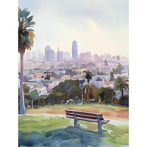 Dolores Park, peinture San Francisco, impression d&#39;art aquarelle, art mural californien, art du paysage, horizon de San Francisco, affiche de voyage