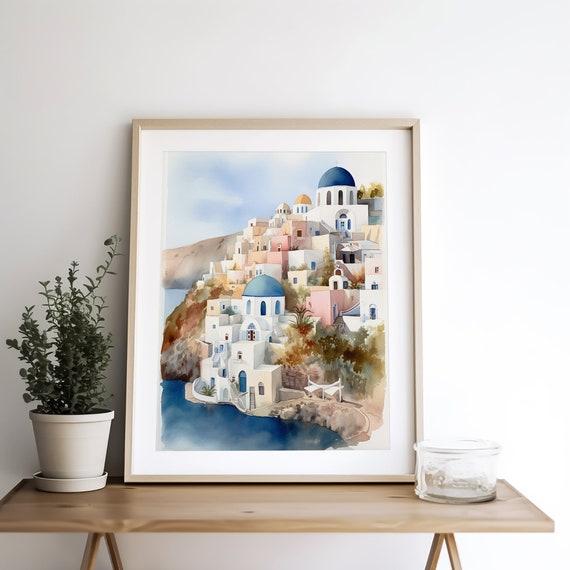 サントリーニ島の絵画 ギリシャ 水彩画 アートプリント 海岸風景