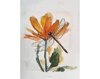 Dragonfly Watercolor Orange Wildflowers Painting Abstract Watercolor Print Meadow Wall Art Botanical Poster Insect Print