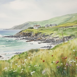 Peinture de l'île d'Achill, impression d'art aquarelle en bord de mer d'Irlande, art mural paysage du comté de Mayo, oeuvre d'art en Irlande, impression de cottage irlandais