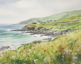 May include: A watercolor painting of a coastal scene with a green hillside, white houses, and a blue ocean with waves crashing on the shore. The foreground features a field of green grass with wildflowers in shades of pink, white, and purple.