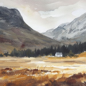 Pintura de Hella, arte de acuarela del sur de Islandia, impresión de paisaje de montaña, póster en tonos tierra, arte de pared de cabaña