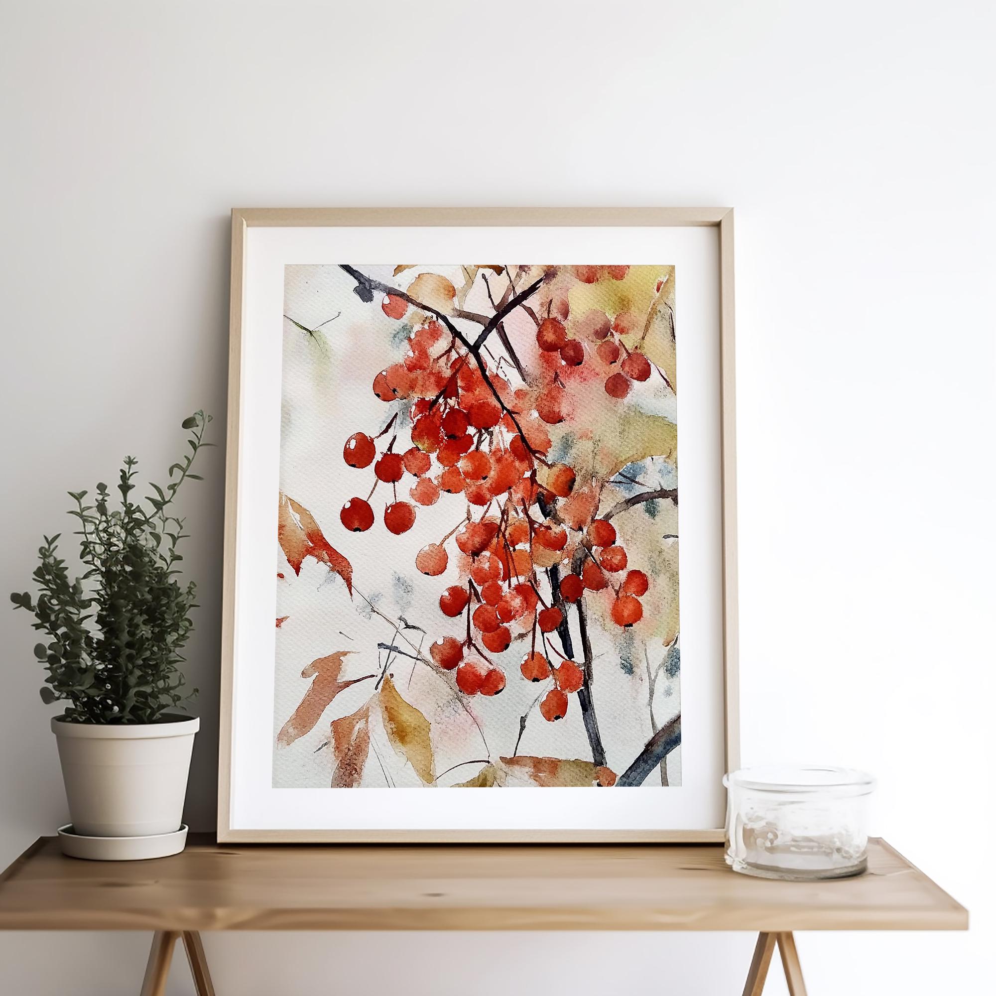 ナナカマドの木の絵画 赤いナナカマドの実 水彩画 アートプリント 秋の