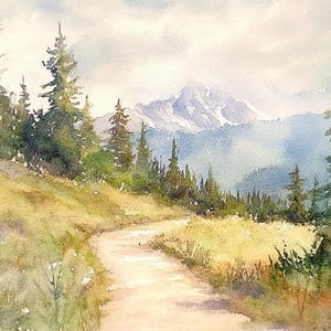 Puede incluir: Una pintura de acuarela de un camino sinuoso a través de un bosque que conduce a una cordillera en la distancia. El camino está rodeado de árboles y arbustos verdes, y el cielo es de un azul suave con nubes blancas.