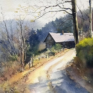 Mountain Cabin Painting Blue Ridge Mountains Watercolor Art Print Moutain Forest Landscape Wall Art Blue Ridge Parkway Print