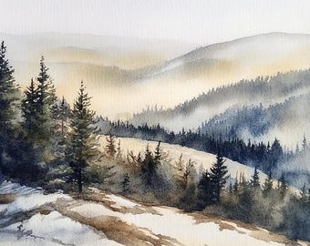 Smoky Mountains Art Print Pine Forest Watercolor Painting
