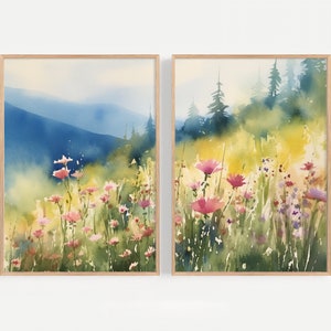 Gran conjunto de arte de pared floral de 2 flores silvestres rosas de Idaho paisaje acuarela montaña bosque arte prado flores campo impresiones conjunto