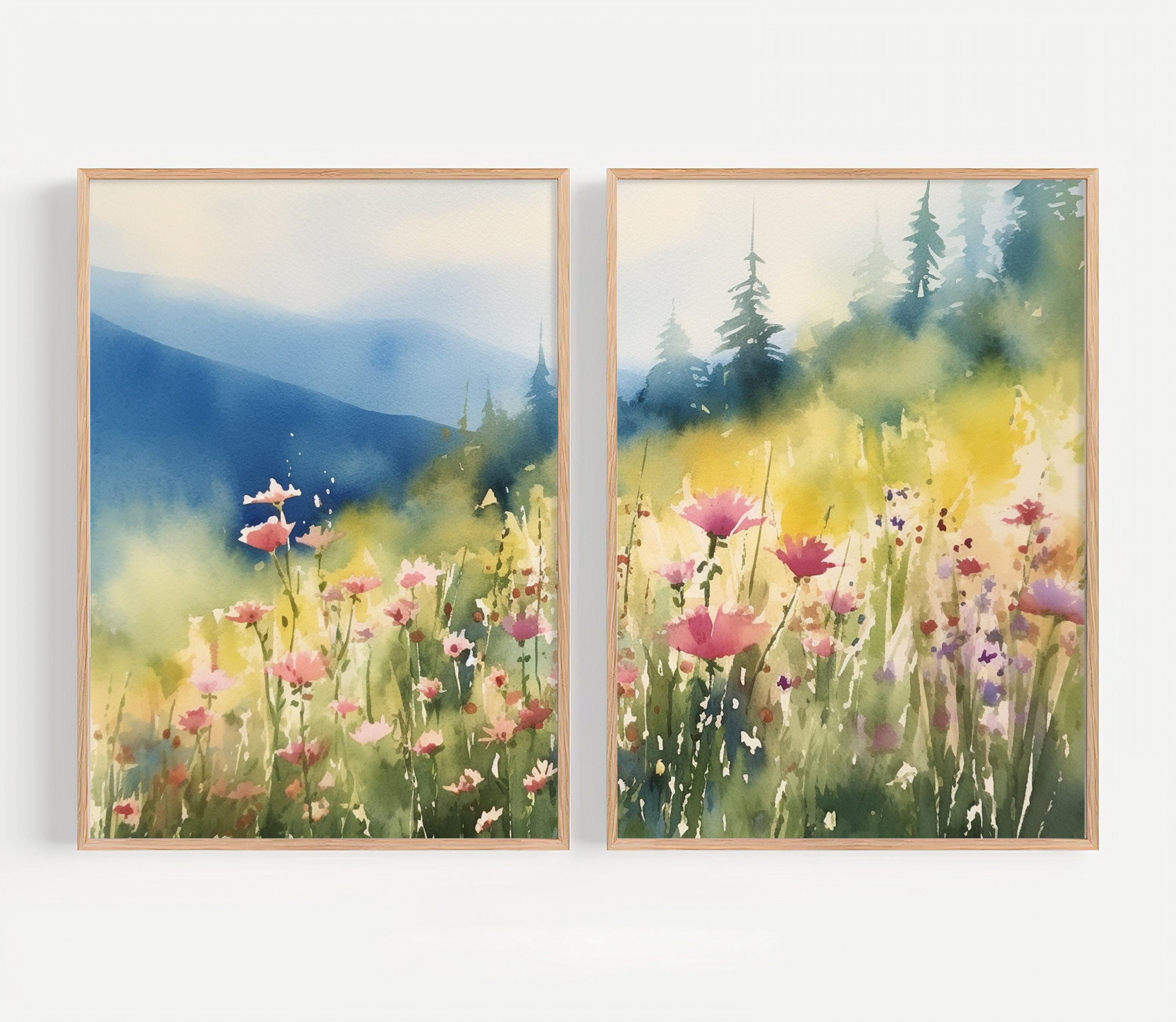 Large Floral Wall Art Set of 2 Pink Idaho Wildflowers Landscape
