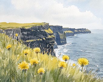 モハーの断崖の絵画 タンポポ 水彩画 エメラルド島の壁アート アイルランドの海岸風景 アイルランドの壁装飾 海景アートワーク
