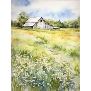 Door County Painting Wisconsin Farm Landscape Watercolor White Barn Art Daisy Flowers Field Art Print Modern Farmhouse Wall Decor