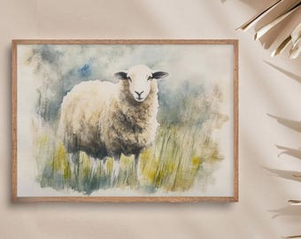 羊の絵画 アイルランドの羊の壁アート 素朴な水彩画プリント 農業