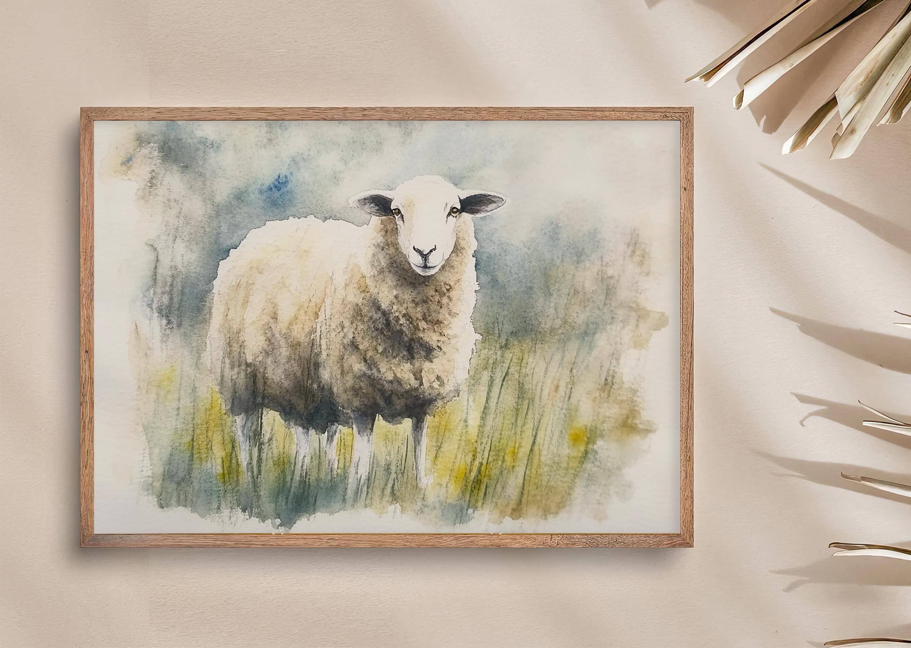羊の絵画 アイルランドの羊の壁アート 素朴な水彩画プリント 農業