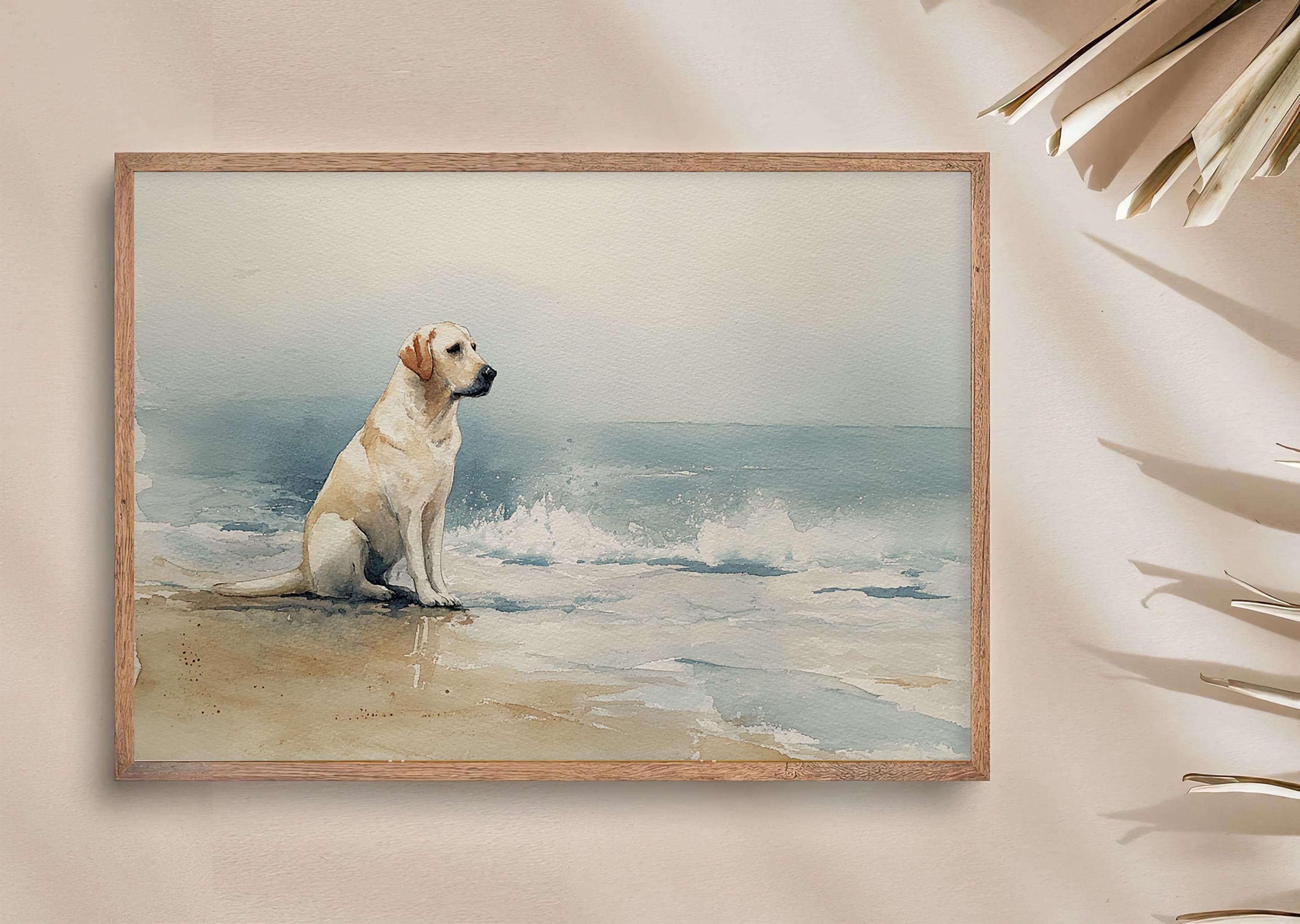 ビーチのラブラドール犬 水彩画プリント 紙に描かれた穏やかな海岸の