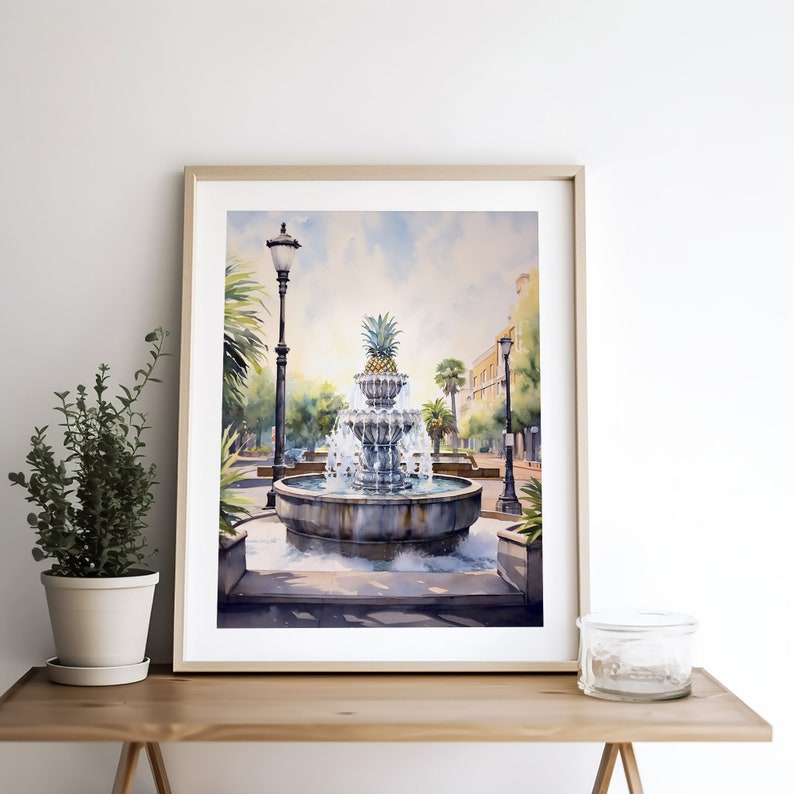 May include: A watercolor painting of a fountain with a pineapple on top, surrounded by palm trees and streetlights. The fountain is in a city square with buildings in the background.