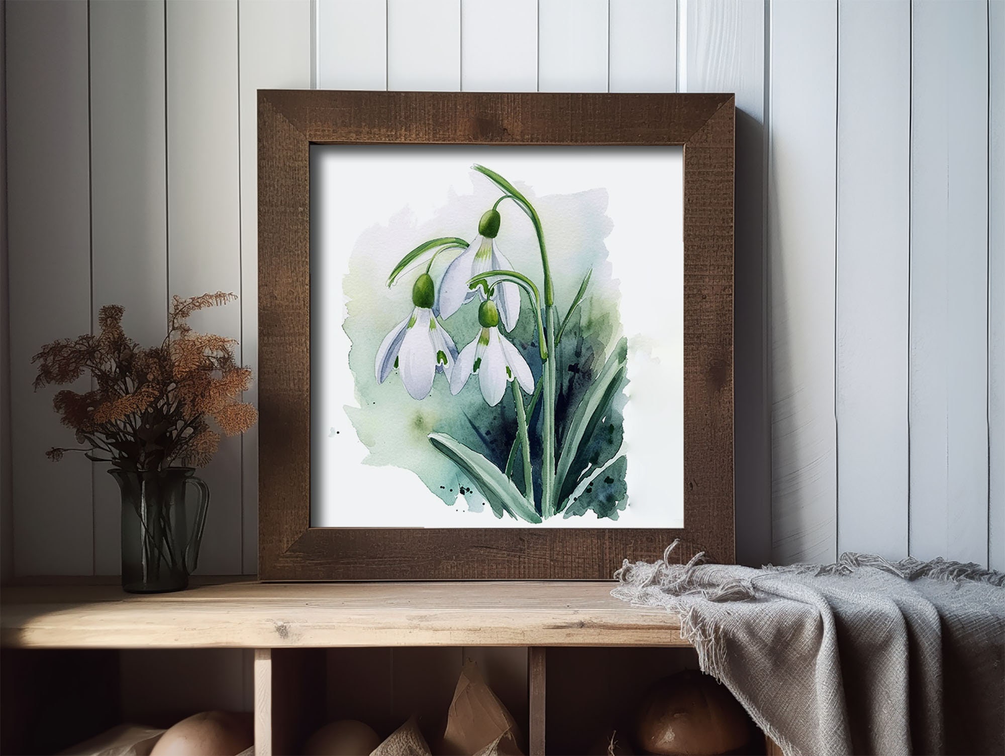スノードロップの絵画 花の水彩画 アート絵画 花の壁アート 春の花の