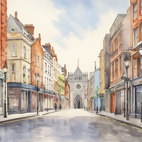 Peinture de Dublin, rue South Anne, impression aquarelle, art mural paysage urbain, impression d'Irlande, oeuvre d'art de scène de ville irlandaise