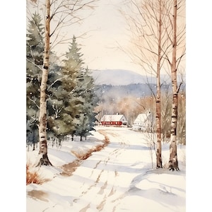 New England Painting Winter Scene Watercolor Farm Landscape Farmhouse Art Print Rustic Cottage Wall Art Forest Artwork