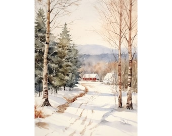 New England Painting Winter Scene Watercolor Farm Landscape Farmhouse Art Print Rustic Cottage Wall Art Forest Artwork