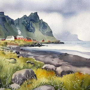 Città di Vik, dipinto, acquerello, stampa artistica, paesaggio estivo, stampa della costa meridionale, poster di viaggio in Islanda, arte islandese, fiori selvatici