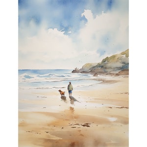 Puede incluir: Una pintura de acuarela de una persona y un perro caminando por una playa de arena. El cielo es azul con nubes blancas y el océano es azul claro. La persona lleva una chaqueta verde y pantalones azules. El perro es marrón y blanco.