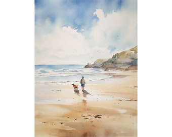 Cornwall Painting Beach Walk Watercolor Art Print Man and Dog Wall