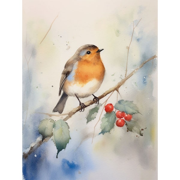 Robin Watercolor Painting Bird Art Print Bird On Branch Painting Red Berries Poster Farmhouse Wall Decor