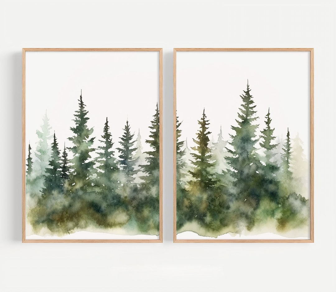 Evergreen Forest Set of 2 Art Prints Abstract Pine Watercolor Painting ...