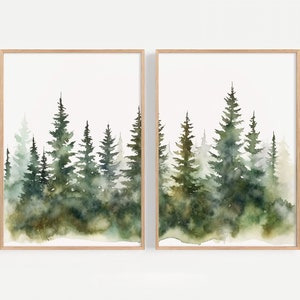 Immergrüner Wald 2er-Set Kunstdrucke Abstrakte Kiefer Aquarell Große Neblige Bäume Wandkunst